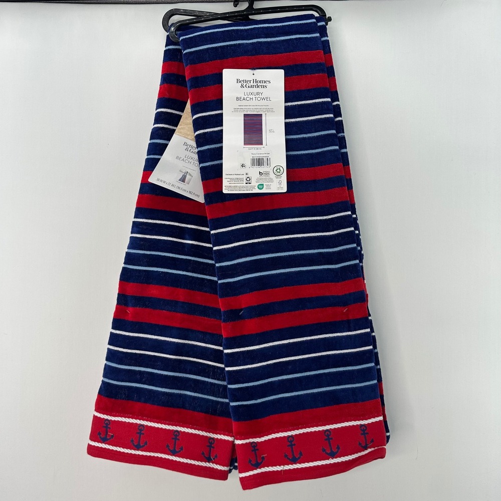 BHG 2PC Navy Clarence Stripe Anchor Beach Towels 6x3 Oversized Soft Vacation red